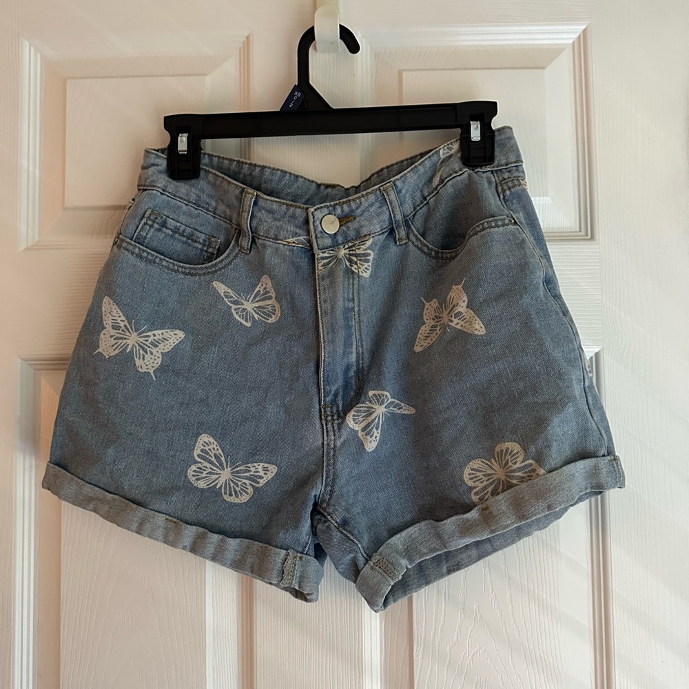 SHEIN Blue and White Jean Shorts with Butterfly Design